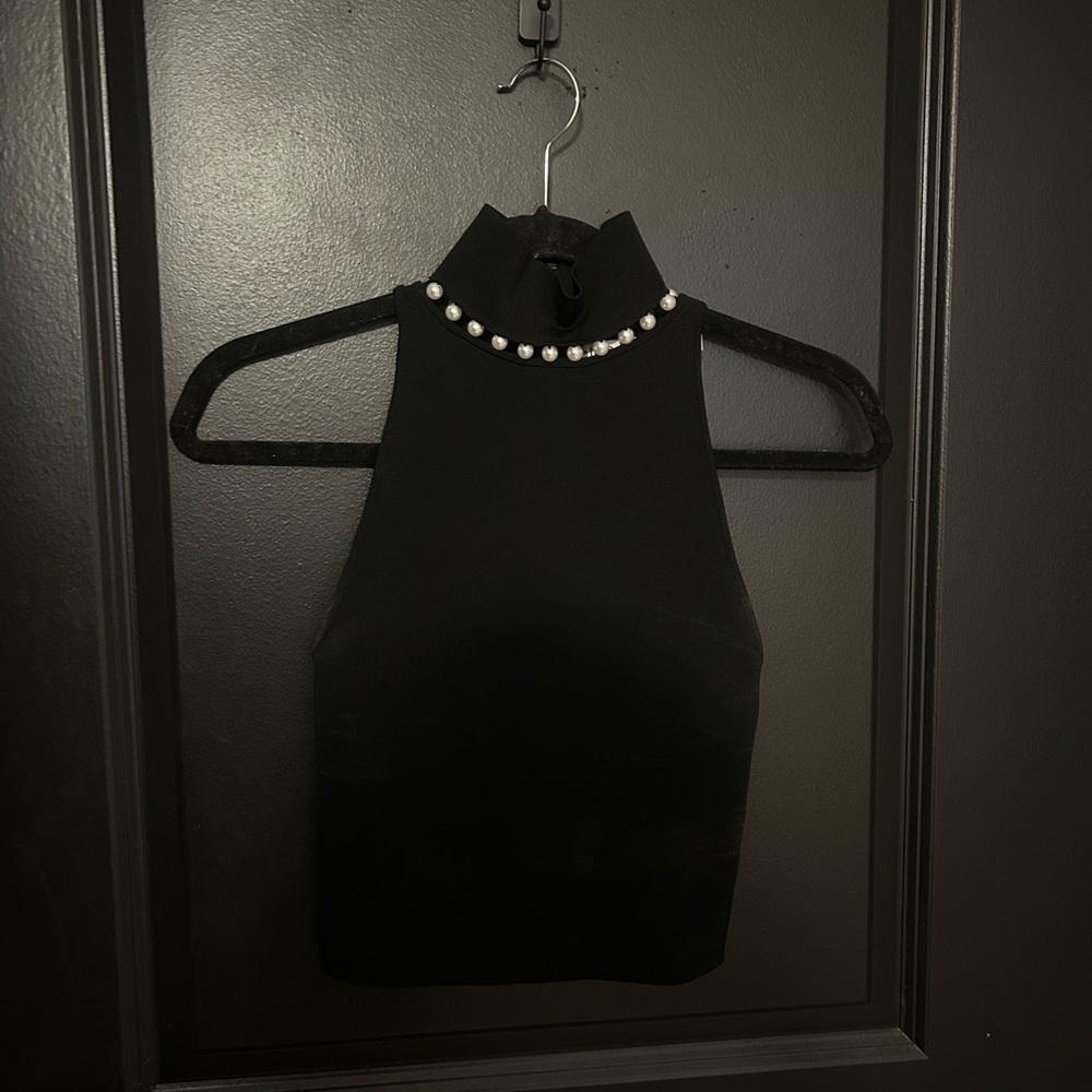 Alice and Olivia Black High Neck Top with Pearl Accents